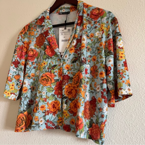 NWT Zara Green Floral Button Down Blouse Retro Top Women's Small Vintage Style - Picture 2 of 7